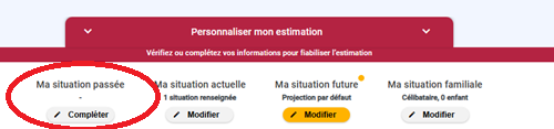 Image indiquant le chemin pour accéder au parcours personnalisé de l'estimation retraite. Le titre "Ma situation passée" est entouré.